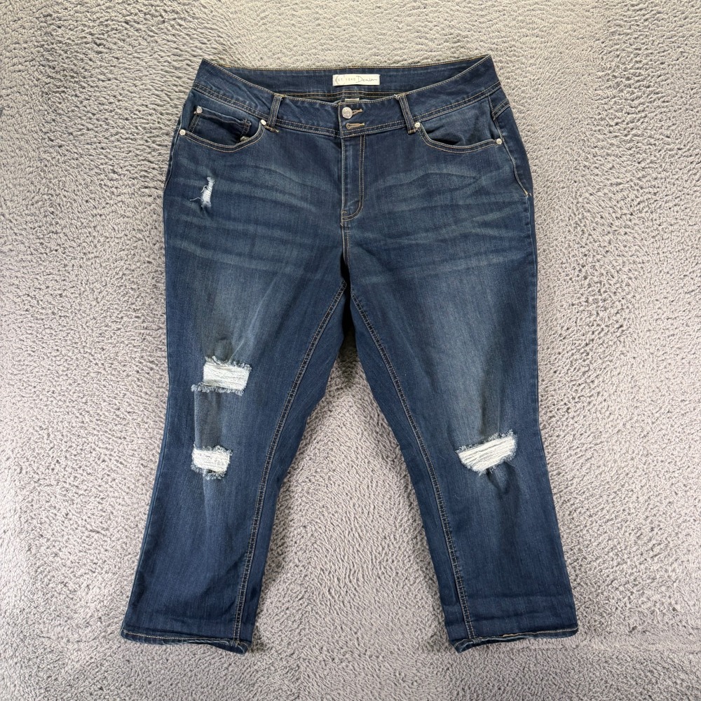 Cato Jeans Women 16W Blue Cotton Denim Cropped Curvy Faded Distressed Stretch